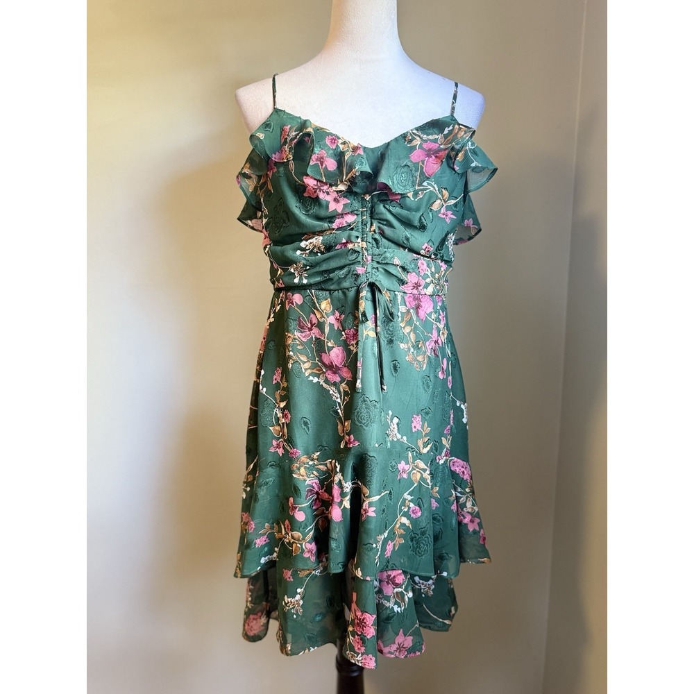 Whimsi Boho‎ Romantic Cottage Core Floral High low Mini Dress Green Pink Y2K 11